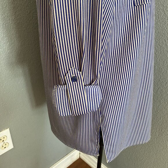 Elementz Blouse Size Medium Tan Blue Striped Roll Tab Sleeves Pockets - Picture 3 of 10